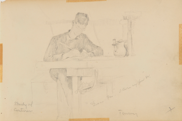 SKETCH FROM A CAMPING TRIP ON THE LOWER SUSQUEHANNA IN 1887 (STUDY OF A MAN SEATED AT A TABLE WRITING A LETTER. INSCRIBED: 'DEAR PA - I TAKE MY PEN/TOMMY/STUDY IN CONTOUR' PORTRAIT OF THOMAS C. CORNER
