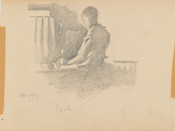 SKETCH FROM A CAMPING TRIP ON THE LOWER SUSQUEHANNA IN 1887 (HALF LENGTH STUDY OF A MAN, FACING LEFT). INSCRIBED: 'TWAS NIGHT/BOB'