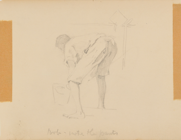 SKETCH FROM A CAMPING TRIP ON THE LOWER SUSQUEHANNA IN 1887 (STUDY OF A YOUNG MAN, STOOPING OVER A PAIL). INSCRIBED: 'BOB - NOTE THE PANTS'