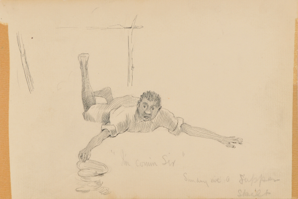 SKETCH FROM A CAMPING TRIP ON THE LOWER SUSQUEHANNA IN 1887 (YOUNG MAN LYING PRONE). INSCRIBED: 'I'M COMIN SIR' SUNDAY EVE A SUPPER SPLIT'