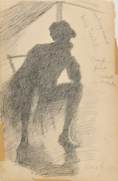 SKETCH FROM A CAMPING TRIP ON THE LOWER SUSQUEHANNA IN 1887 (STUDY OF A BACK LIGHTED SEATED FIGURE. INSCRIBED: 'NOT MY INSERT/VEILED PROPHET/CAMP FIRE/CAMP ROBERTS/BERT BY THE CAMPFIRE/BERT.'