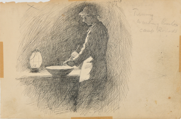 SKETCH FROM A CAMPING TRIP ON THE LOWER SUSQUEHANNA IN 1887 (STUDY OF A MAN STANDING WASHING BRUSHES, BY LANTERN LIGHT). INSCRIBED: 'TOMMY WASHING BRUSHES CAMP ROBERTS.'