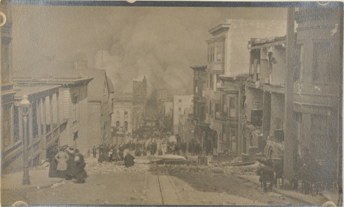 VIEW OF FIRE DOWN SACRAMENTO STREET AT MILES PLACE, SAN FRANCISCO