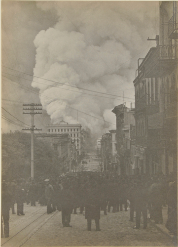 VIEW OF FIRE DOWN CLAY STREET AT PORTSMOUTH SQUARE, SAN FRANCISCO