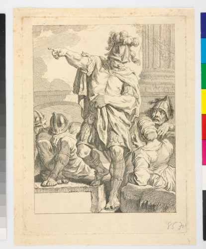 A LASQUENET, STANDING AND POINTING TO THE LEFT