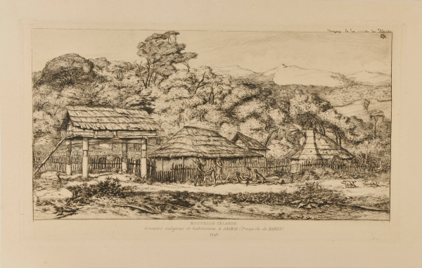 Greniers indigènes et habitations à Akaroa, presqu’Ile de Banks, 1845