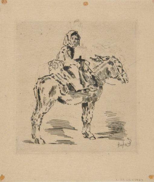 WOMAN RIDING DONKEY WITH WHITE CLOUD