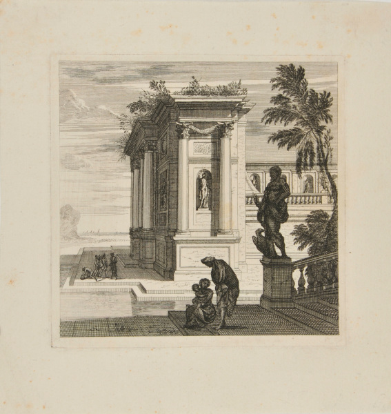 ROMAN PALACE WITH THREE FIGURES AT FOOT OF STAIRS