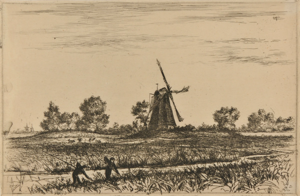 WINDMILL IN THE FIELDS, TWO FIGURES IN THE FOREGROUND