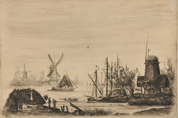 RIVER WITH BOATS, WINDMILLS, AND WOODS