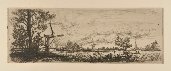 SHADY RIVERBANK WITH TWO WINDMILLS AND A STEEPLE ON THE RIGHT