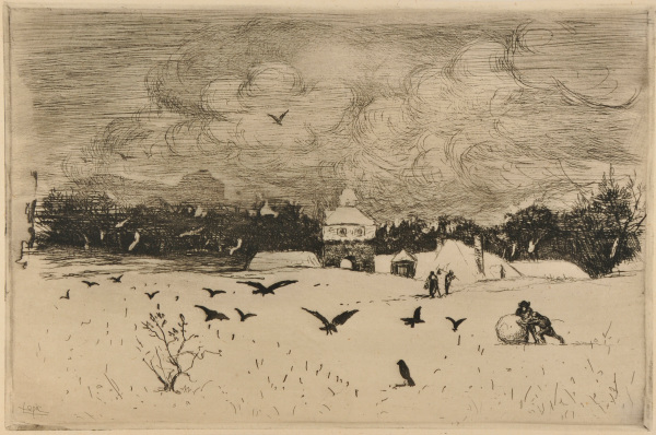 SNOWY LANDSCAPE WITH RAVENS, TWO PEOPLE ROLLING A SNOWBALL