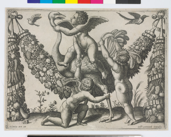 THREE PUTTI PLAYING WITH AN OSTRICH