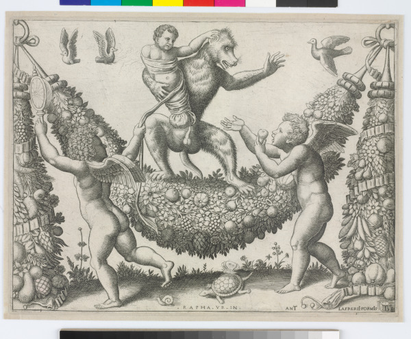 TWO PUTTI MOCKING A MONKEY