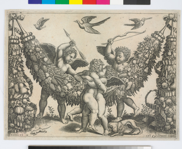 TWO PUTTI STRIKING ANOTHER WHO IS SQUEEZING A CHILD