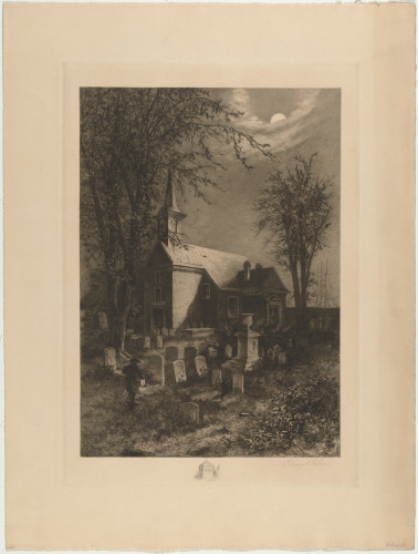 CHURCH IN THE MOONLIGHT, WITH MAN CARRYING LANTERN