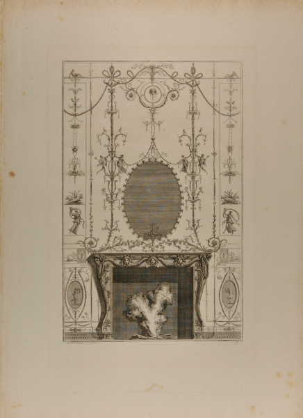 CHIMNEYPIECE (FIREPLACE SURMOUNTED BY AN OVAL MIRROR AND ARABESQUES)