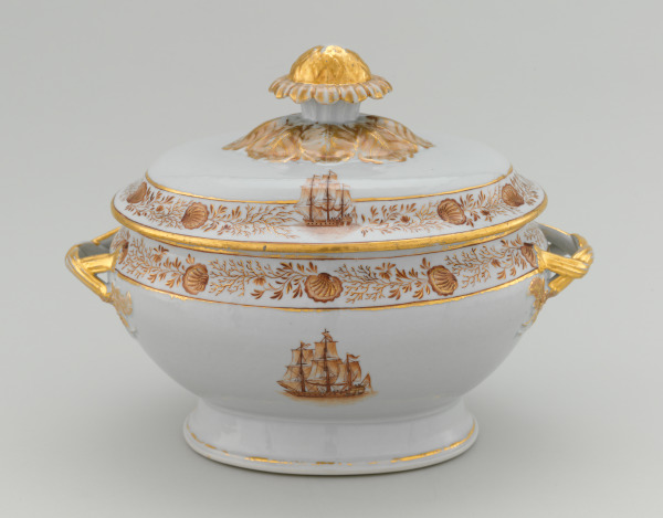 American Market Covered Soup Tureen Decorated with a Sailing Vessel
