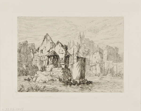 Harbor of a small town with church spires in the backgrd