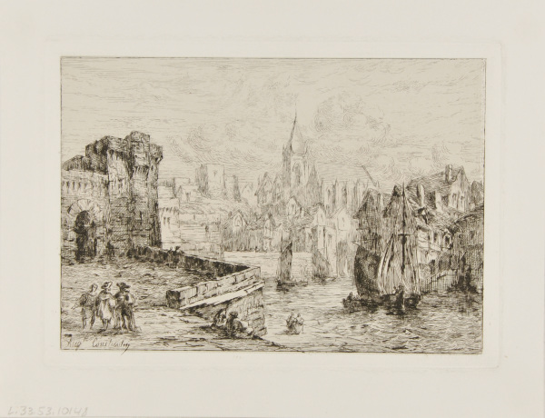 Quai of a small town harbor with fortress to the left