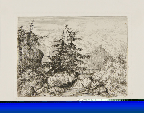 Landscape with pine trees near a bridge over a river and a castle in the background