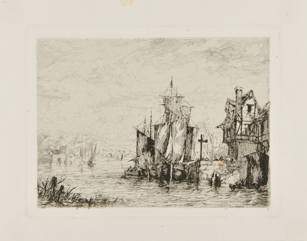 Ships docked at a village pier