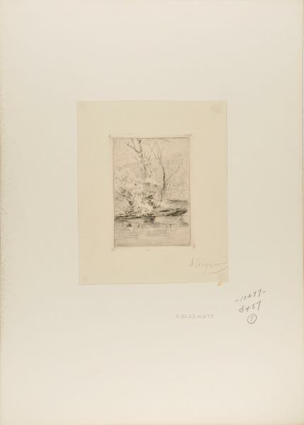 Figure holding an umbrella, sitting by the river