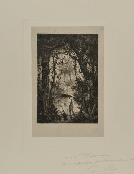 MAN CARRYING A WOMAN OVER A RIVER IN A JUNGLE.