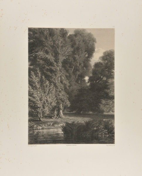 FIGURE READING UNDER A TREE, BY A POND