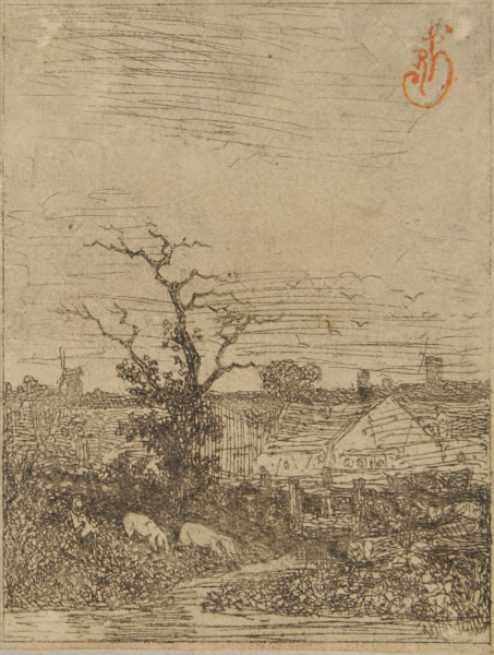 FARMYARD WITH WINDMILLS IN THE BACKGROUND