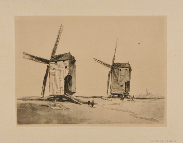 Two WIndmills with Village Spire in the Background
