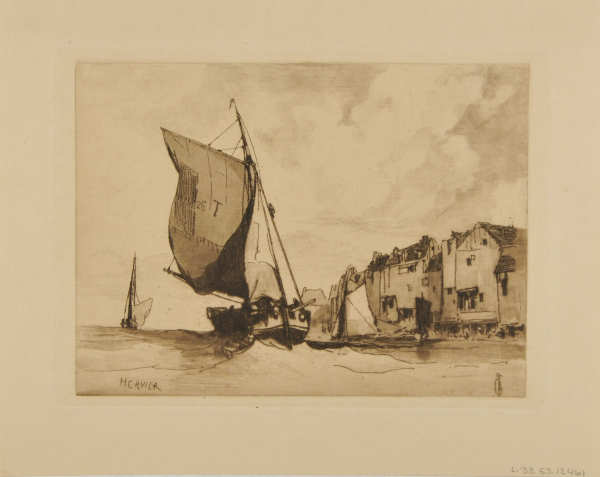 FISHING BOATS AT SEA, WITH VILLAGE IN THE BACKGROUND