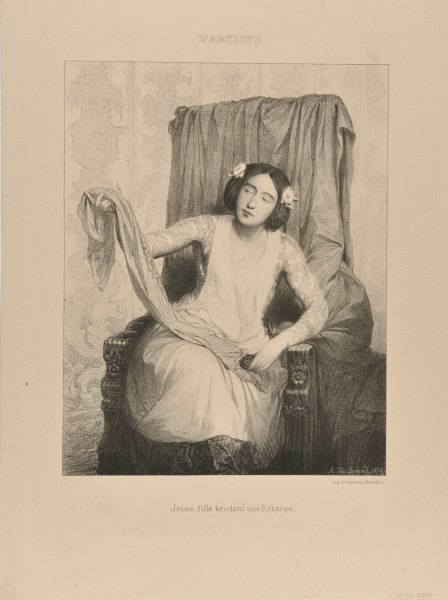 YOUNG WOMAN EMBROIDERING A SCARF