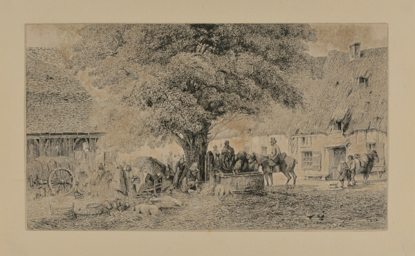 VILLAGE SQUARE WITH WATERING TROUGH AND MARKET UNDER A LARGE TREE