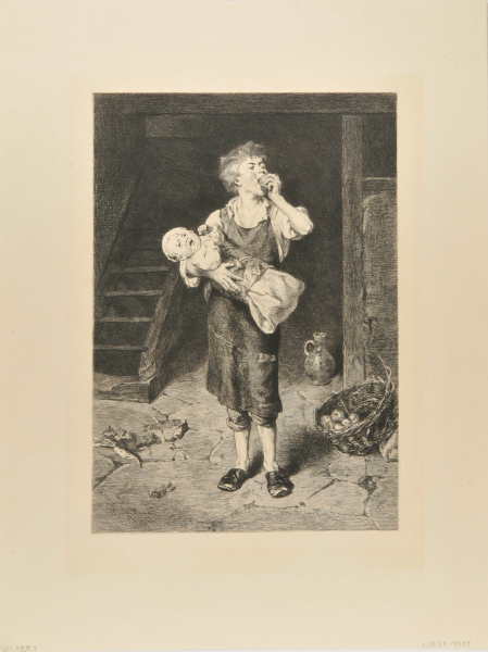 Child Eating Apple and Holding Baby