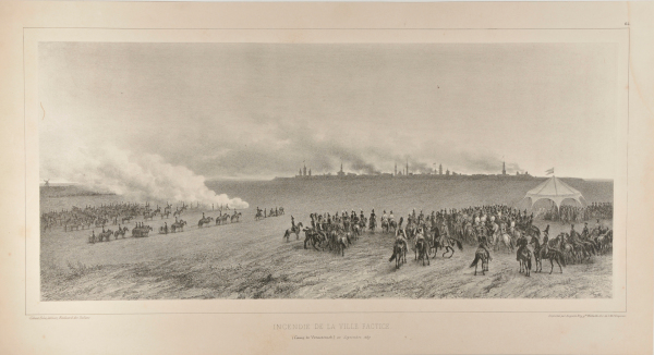 TROOPS AT CAMP VOSNESSENSK, LOOKING TOWARDS A FIRE AT A TOWN IN THE DISTANCE