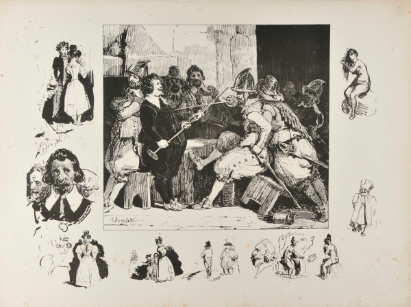 TWO MEN STARTING A DUEL, SURROUNDED BY SKETCHES