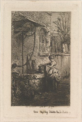 YOUNG WOMAN HOLDING A BUCKET AT THE EDGE OF A WELL