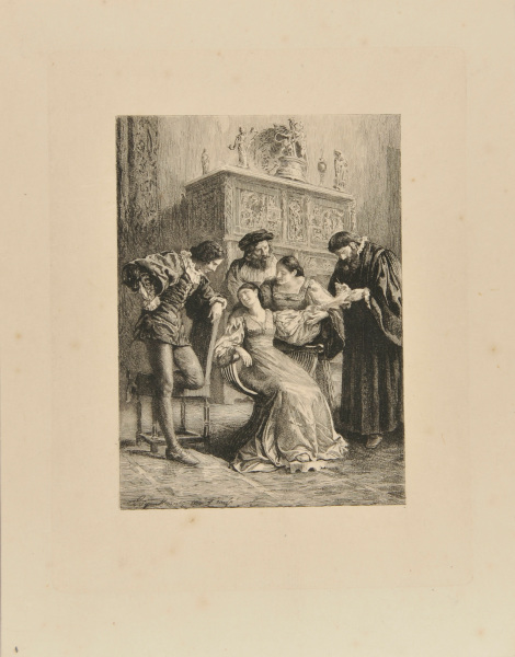 SEATED WOMAN SURROUNDED BY FOUR FIGURES