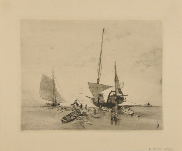 TWO SAILBOATS ON THE SAND WITH THREE DINGHYS