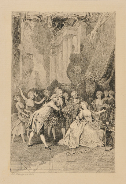 Illustration for Manon Lescaut: Woman, seated, receiving flowers from men