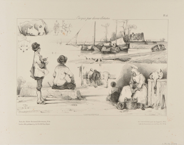 SHEET OF STUDIES: FISHING BOATS, HORSES, WOMAN PLUCKING DUCKS