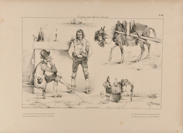 SHEET OF STUDIES: MEN IN FRONT OF A FIREPLACE, HARNESSED DONKEY, WOMEN BY THE SEA ETC.