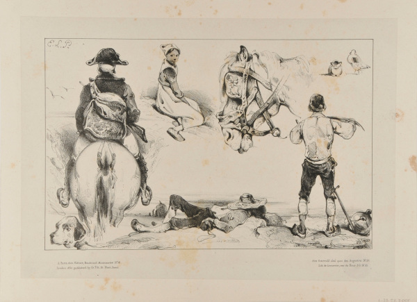 SHEET OF STUDIES: MAN ON HORSEBACK, SEATED GIRL, HORSE'S HEAD ETC.