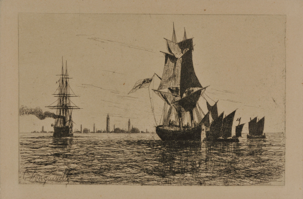 Seascape with Four Boats in the Harbor of a City in the Background