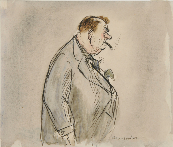 CARICATURE OF A MAN WITH A CIGAR IN HIS MOUTH