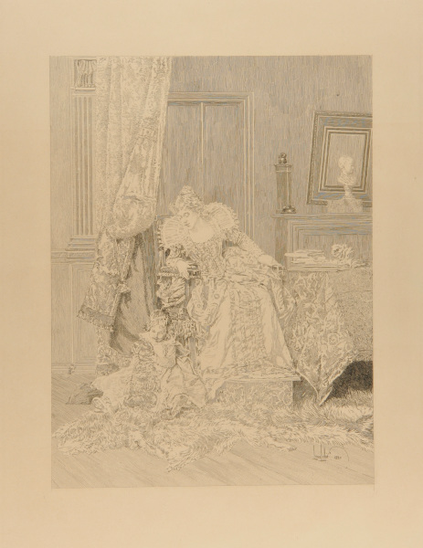 WOMAN WATCHING A CHILD PLAYING WITH A DOG