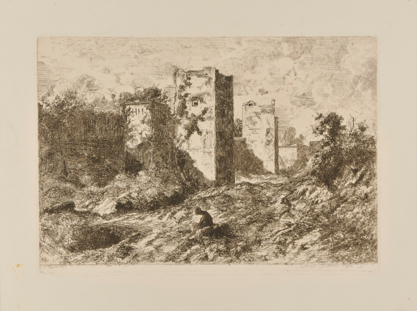 Landscape: Man Sitting with Head Bent near Ruined Towers