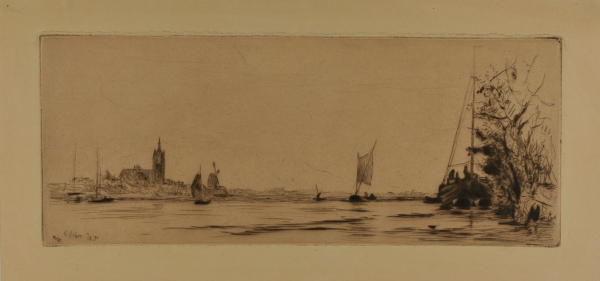 WATERWAY WITH BOATS, WITH WINDMILL AND CHURCH IN DISTANCE