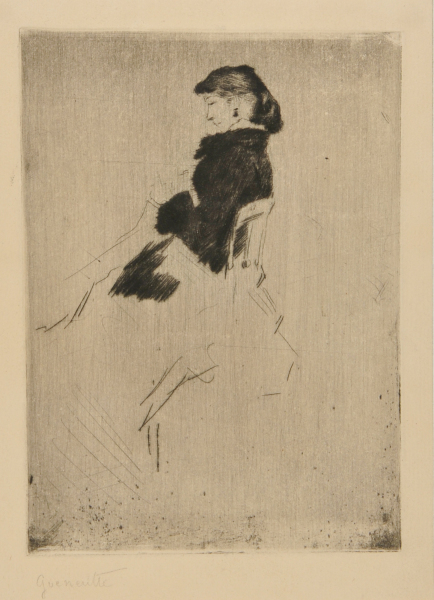 PROFILE OF SEATED YOUNG WOMAN SEWING